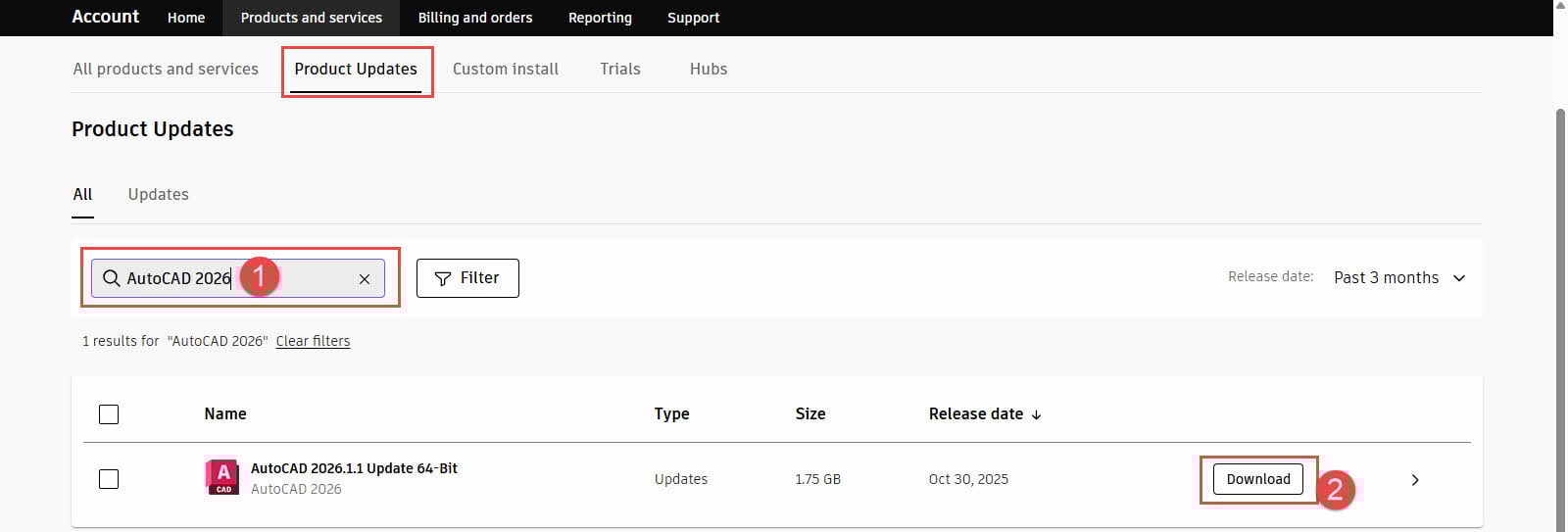 Download AutoCAD updates from online account.