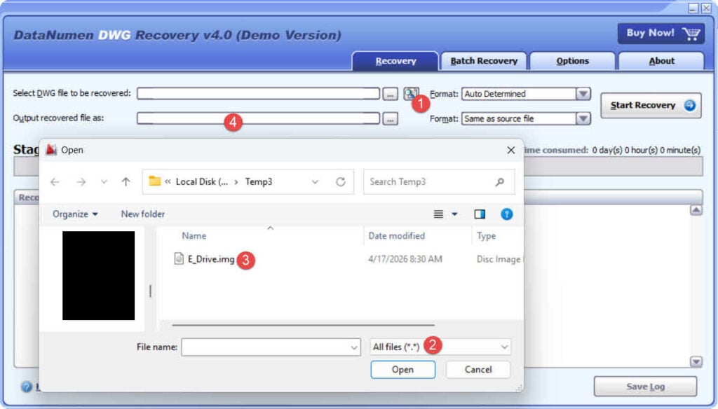 Use DataNumen DWG Recovery to recover AutoCAD DWG data from the disk image file.