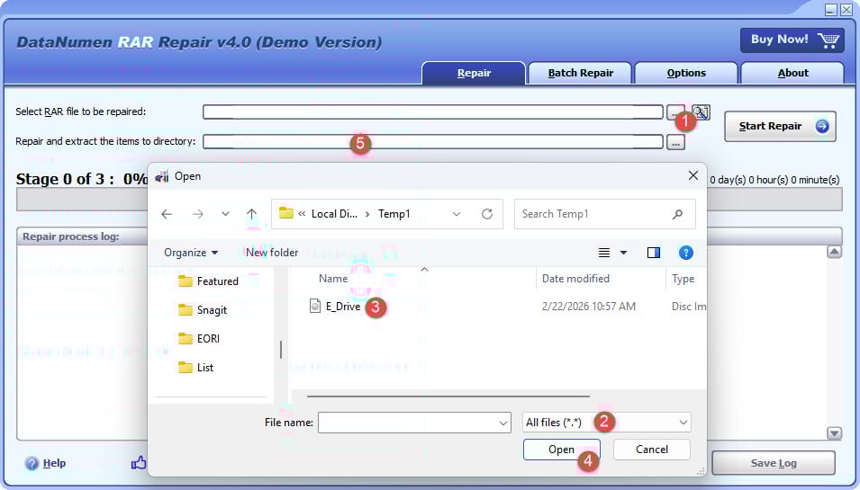 Use DataNumen RAR Repair to recover RAR archive data from a disk image file.