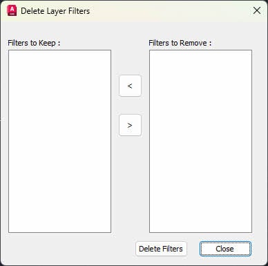Use Delete Layer Filters dialog to remove excessive layer filters and recover AutoCAD file