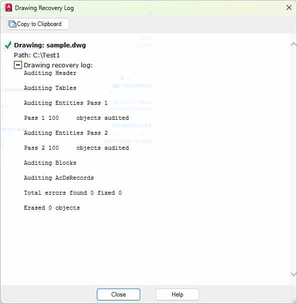 The drawing recovery log generated by using RECOVERALL command to recover AutoCAD file