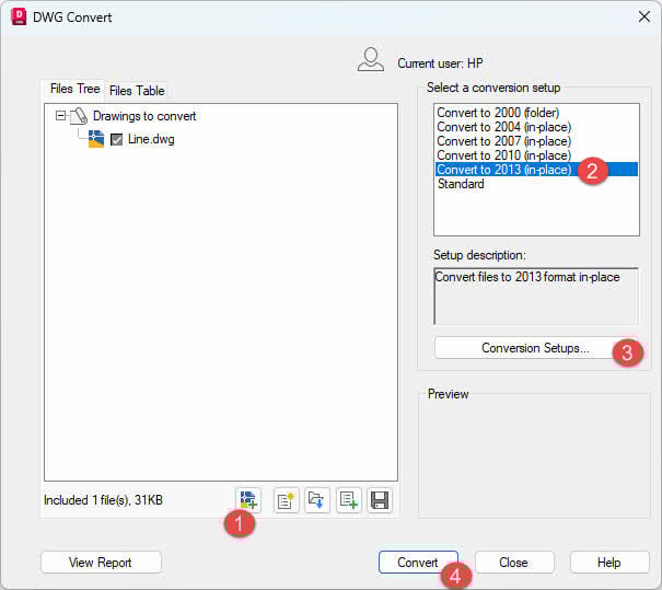 Use DWG Convert to convert a drawing file to a different format, to recover the AutoCAD file.