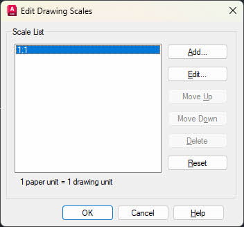 Edit Drawing Scales dialog in AutoCAD.