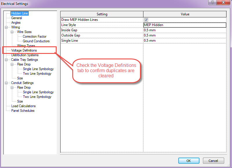 Check the Voltage Definitions in Electrical Settings dialog