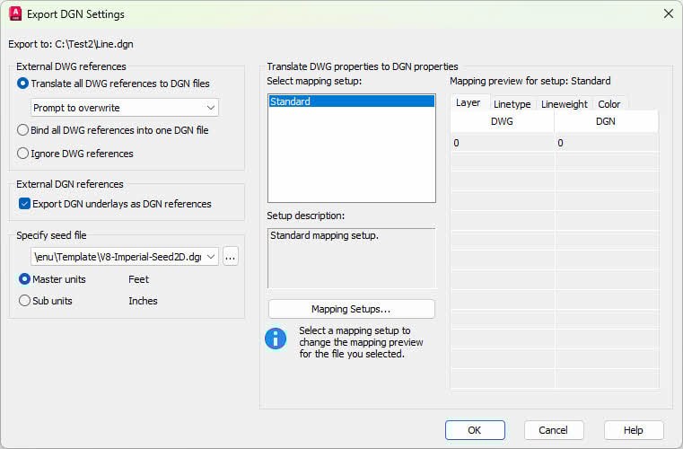 Export DGN Settings dialog