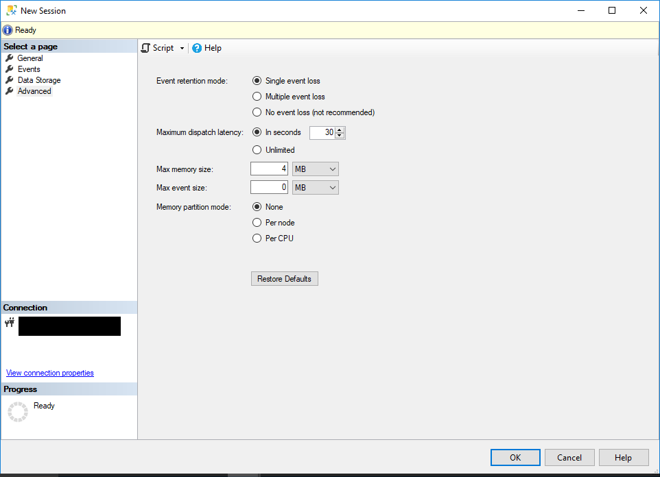 Advanced page of the session in SQL Server Management Studio.