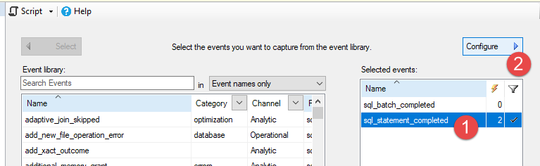 Configure the event of an Extended Events session in SQL Server Management Studio.
