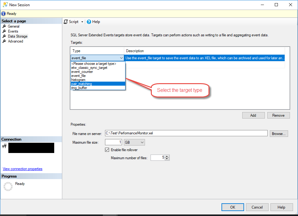 Data storage page of the Extended Events session in SQL Server Management Studio.