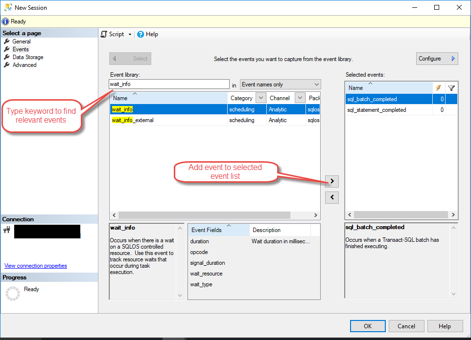 Events page of the Extended Events session in SQL Server Management Studio.