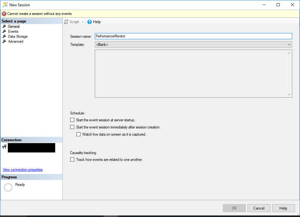 General page of the Extended Events session in SQL Server Management Studio.