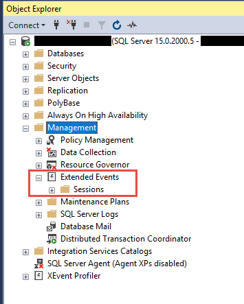 Access the Extended Events interface in SQL Server Management Studio.