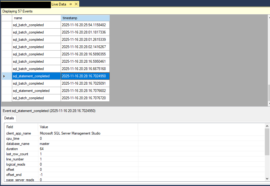 Watch the live data of the events, including the event details.