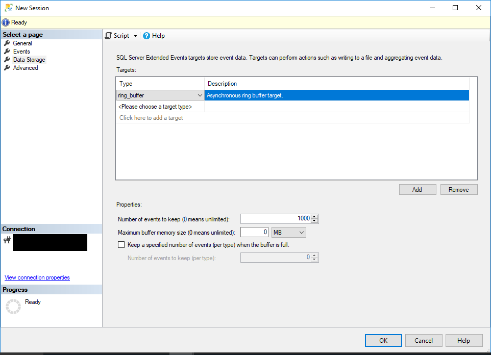 Set the target to ring_buffer for the Extended Events session in SQL Server Management Studio.