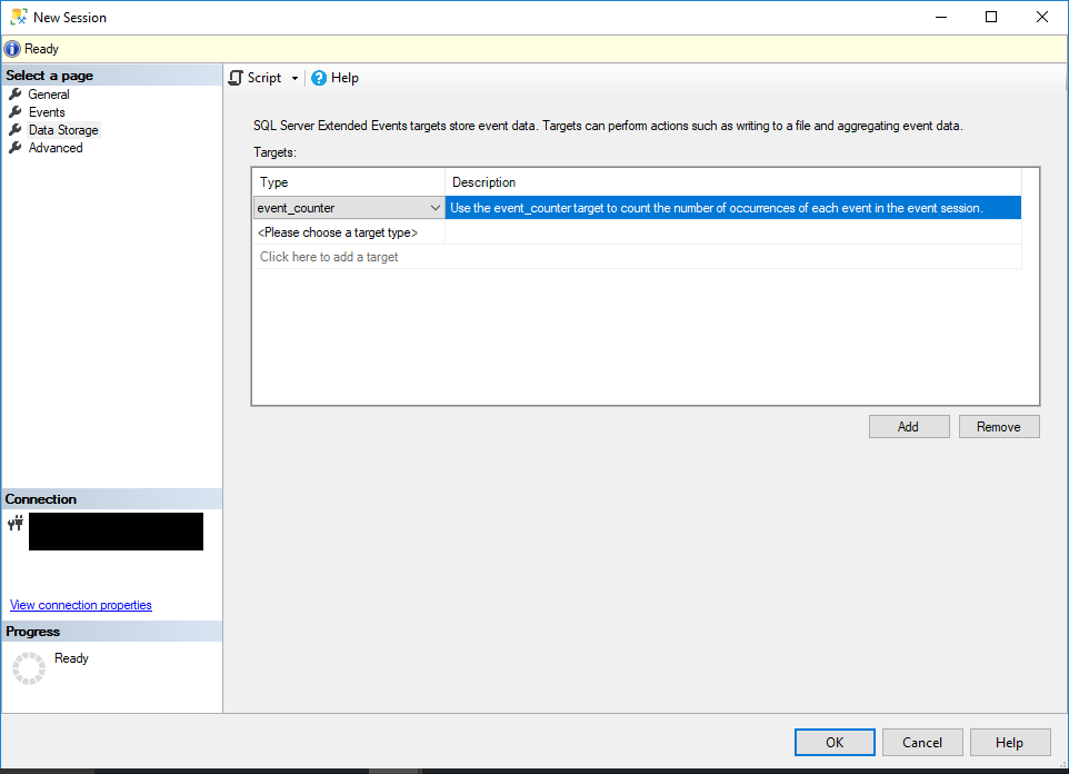 Set the target to event_counter for the Extended Events session in SQL Server Management Studio.