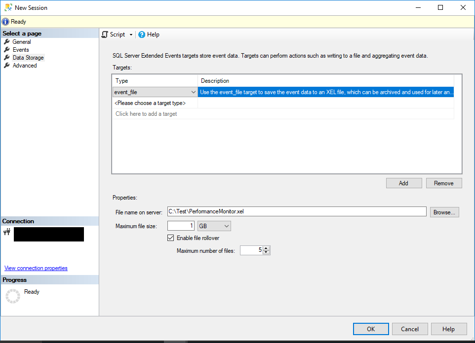Set the session target to event_file in SSMS