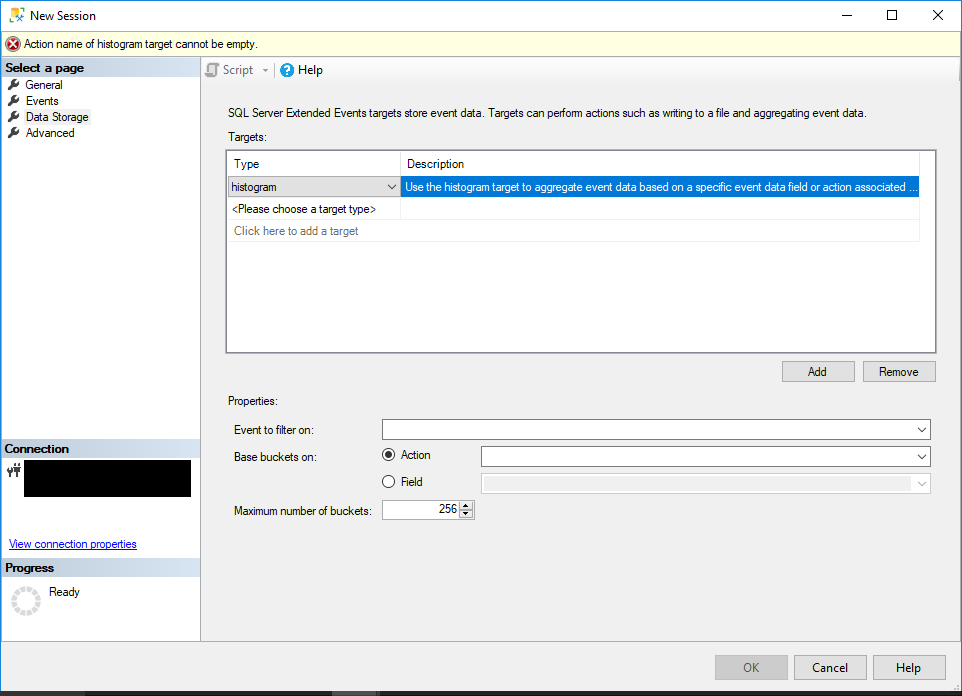 Set the target to histogram for the Extended Events session in SQL Server Management Studio.