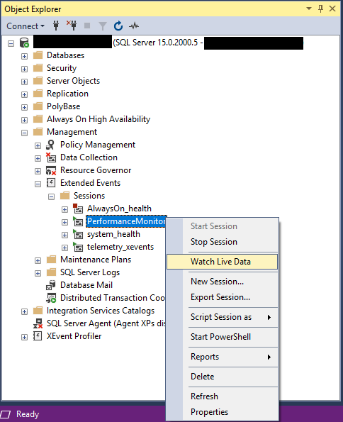 Watch the live data of an Extended Events session in SQL Server Management Studio.