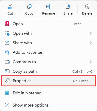 Right click a file and select "Properties" in Windows File Explorer.