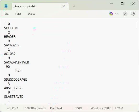Open and fix AutoCAD DXF file manually in Windows Notepad