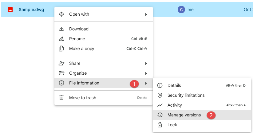 Manage versions for an AutoCAD file in Google Drive.