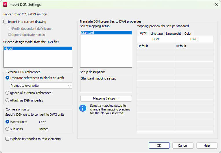 Import DGN Settings dialog