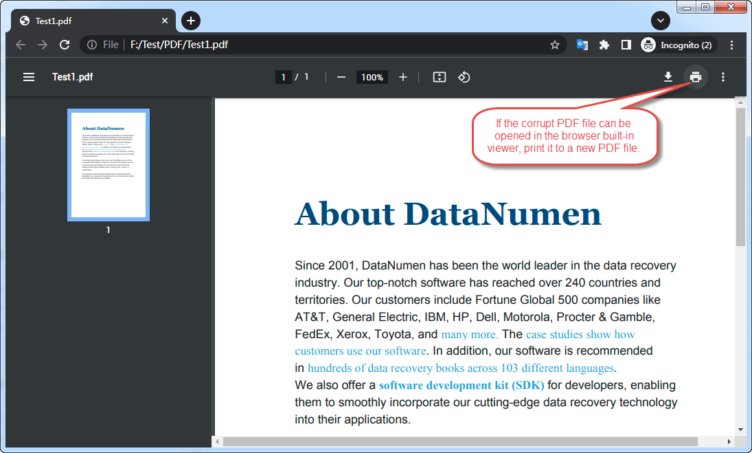 Open the corrupt PDF file in Chrome built-in PDF viewer.