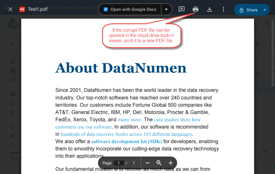 Open the corrupt PDF file in Google Drive built-in PDF viewer.