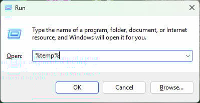 Open the temporary folder in the Windows run dialog to find and recover AutoCAD files from the Windows temporary folder.