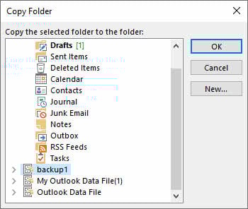 Select the destination folder when copying folder in Outlook.