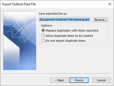 Set the export destination PST file in Import and Export Wizard.