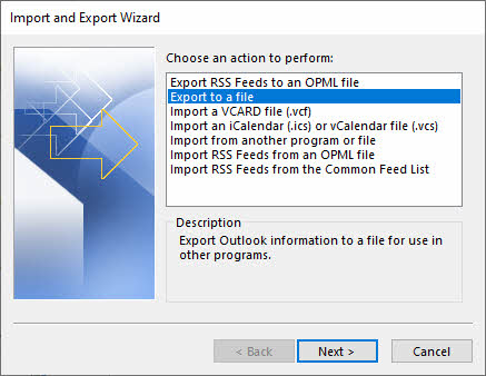 Select Export to a file from the action list in Import and Export Wizard