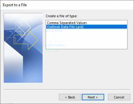 Select export to Outlook Data File (.pst) as the file type in Import and Export Wizard.