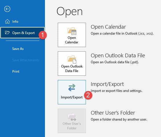 Click Import/Export to launch the Import and Export Wizard in Outlook to convert OST to PST file.