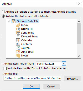 Set manual archive settings in Outlook to convert OST to PST file.