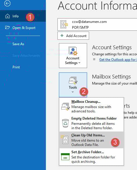 Manual archive items in Outlook to convert OST to PST file.