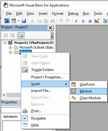 Insert a module in Outlook VBA to convert OST to PST file.