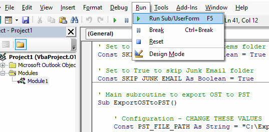 Run VBA code in Outlook to convert OST to PST file.