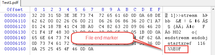 Inspect the PDF file end marker in a hex editor.
