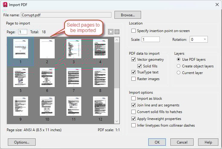 Select the pages in the PDF file to be imported