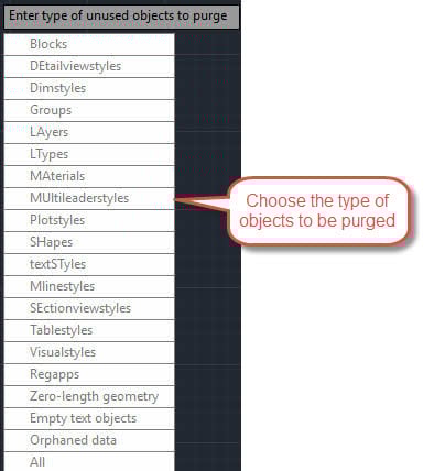 Popup menu to select the type of objects to be purged