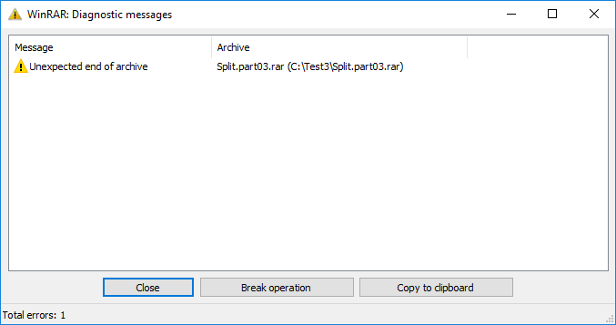 Error message showing the corrupt part of a multi-part RAR archive.
