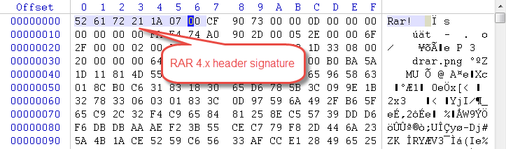 Header of a RAR file in hexadecimal editor.