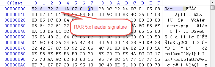 Header signature of a RAR 5.x file in hexadecimal editor.
