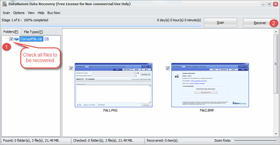 In DataNumen Data Recovery, recover the embedded files from a corrupt RAR archive.