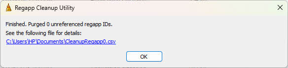 The result of the Regapp Cleanup Utility, including the log file.