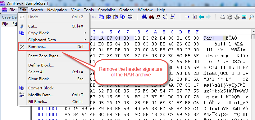 Remove the header signature of a RAR file in hexadecimal editor.