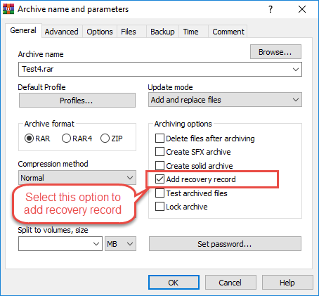 In WinRAR, add recovery record when adding files to a RAR archive.