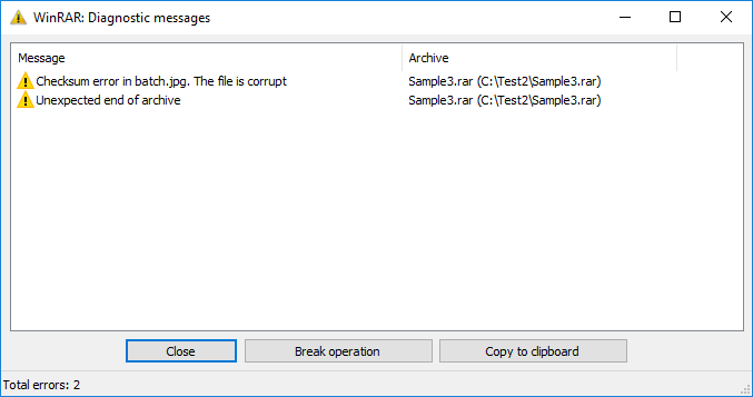 Error window containing the diagnostic messages when WinRAR encounters errors in extracting the corrupt RAR archive.