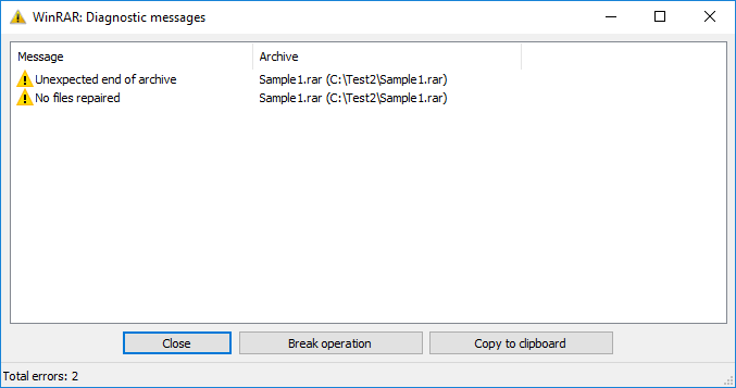 Error window containing the diagnostic messages when WinRAR fails to repair RAR file.