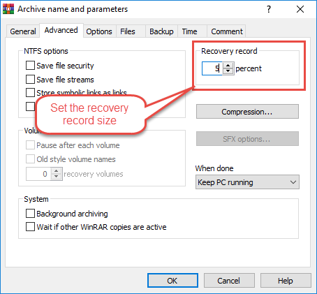 In WinRAR, set the recovery record size of a RAR archive.